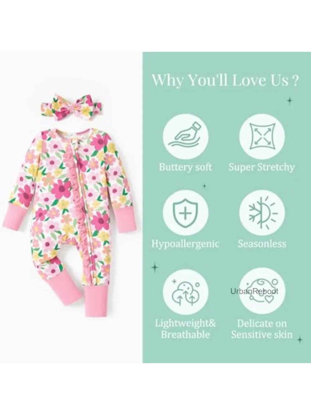 Bamboo Viscose Baby Footie with Headband, 2-Way Zipper, Fold-Over Mittens